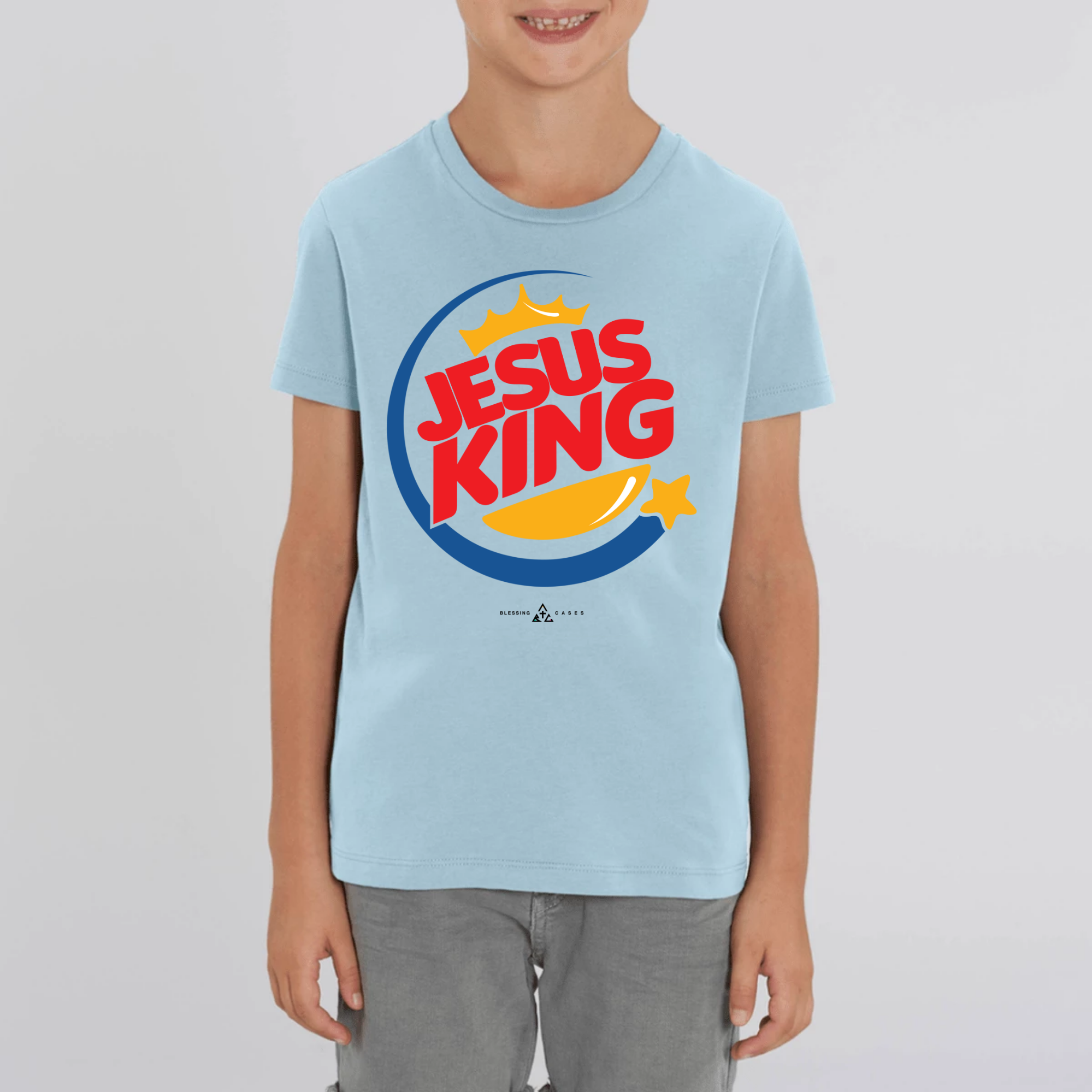 T-shirt chrétien enfant Jesus King blessing cases bleu