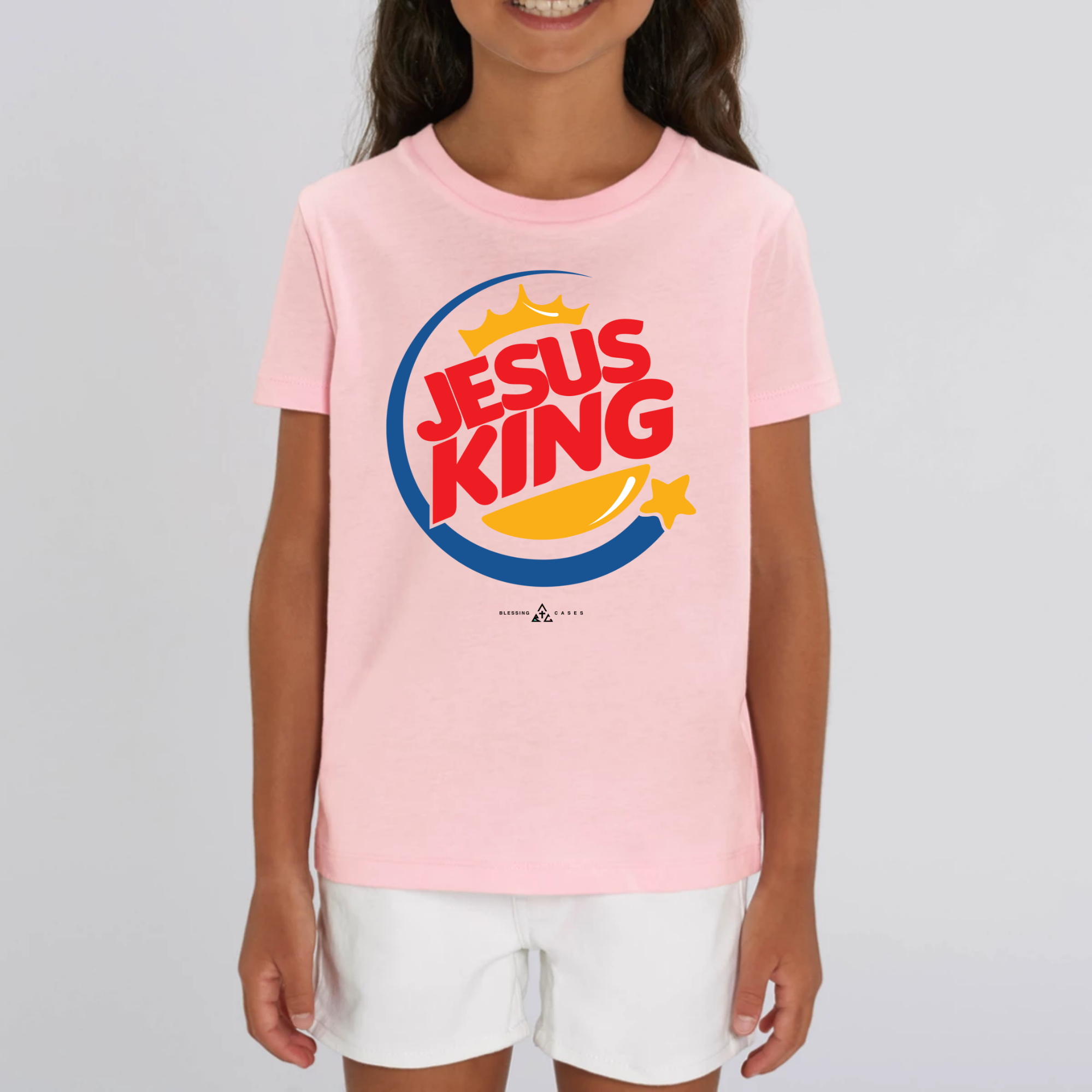 T-shirt chrétien enfant Jesus King blessing cases rose